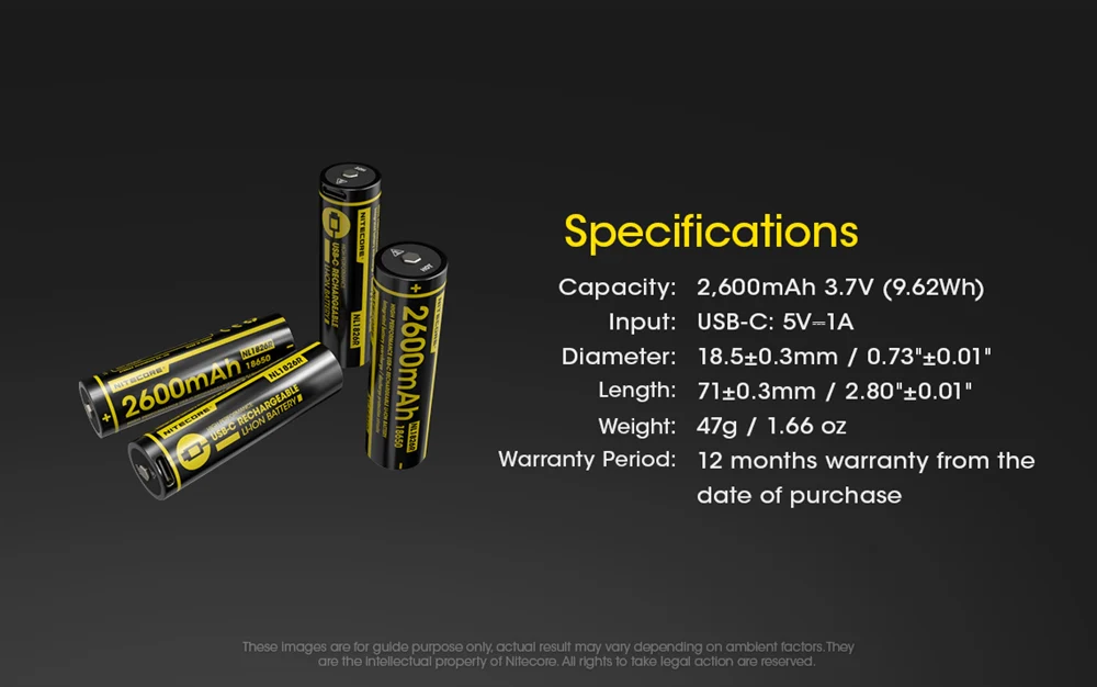 Nitecore 2600mAh USB-C Rechargeable 18650 Button Top Battery - Image 3